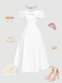 SHEIN MOD 女士优雅纯色露肩中长连衣裙，夏季 - 白色 - 查看 3