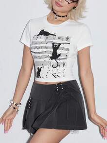 ROMWE Kawaii Cat Print T-Shirt For Women, Spring/Summer - White - View 4