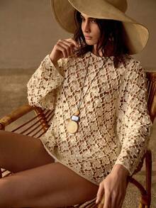 MOTF PREMIUM LOOSE FIT ROUND NECK FLORAL TEXTURED SHEER BEACH COVER UP TOP FOR WOMEN - Apricot - View 5