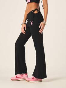 Missguided x Playboy Quần legging ống loe cạp cao buộc dây bên hông dành cho nữ, kiểu quần yoga với logo thỏ hồng. - màu đen - Xem 4