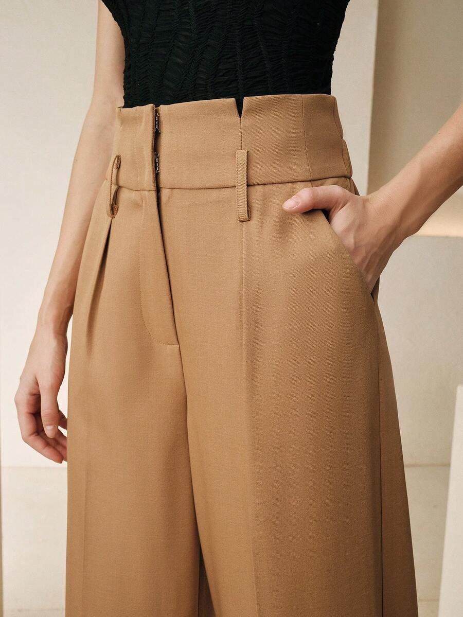 Anewsta 复古休闲宽松卡其色高腰V领垂褶女式西装裤 - 卡其色 - 查看 1