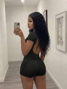 Slaydiva Women's Black Summer Gym Bodysuit, Backless Short Sleeve Slim Fit Jumpsuit,Y2K Street Sweet Cow Boy Style,Round Neck Sporty Tight Pant Romper - Black - View 2