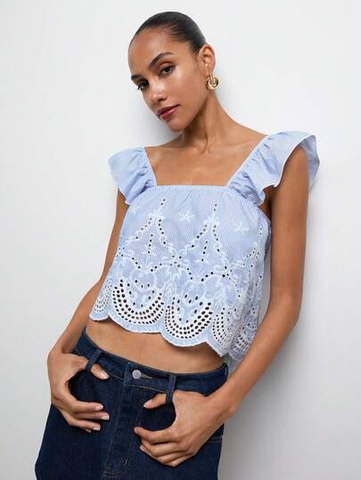 Maija Women'sCasual  Floral Embroidery Striped Square Neck Cap Sleeve Top Eyelet Top For Women,Vacation