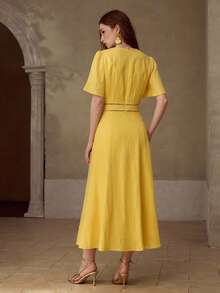 MOTF PREMIUM WOMEN'S SHORT SLEEVE ROUND NECK EMBROIDERED 100% LINEN MIDI DRESS, CASUAL & DATE WEAR, SPRING/SUMMER - Yellow - View 4