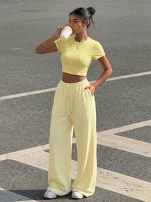 SHEIN EZwear Women's Cream Crew Neck Short Sleeve Top And Pants 2 Pieces Set, Minimalist Style - Yellow - View 1