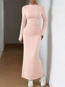 SHEIN EZwear 女士纯色褶皱长袖修身优雅连衣裙，浅粉色毕业礼服 - 淺粉色 - 查看 6