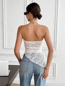 Serisse Women's Fashion Asymmetrical Hem Lace Bandeau Top,Summer ,Spring,Valentine's Day,Party,Wedding,Ceremony,Elegant ,Vacation,Casual, Formal,,Summer ,Spring,Festival,Party , Birthday,Beach,Vacation,Casual,Wedding,Graduation, Going Out, Elegant, - Apricot - View 2