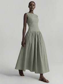 Ontre 2026 春季女士条纹拼接优雅女士条纹圆领无袖褶皱休闲连衣裙，日常穿着，复活节连衣裙，夏季连衣裙，优雅连衣裙，休闲连衣裙，超长连衣裙，节日连衣裙，婚纱 - 綠色 - 查看 5