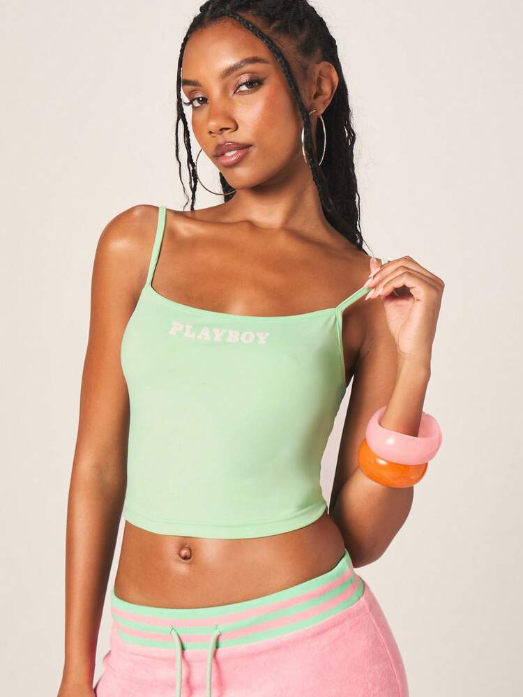 Missguided x Playboy Sage Camisole With Text Print Adjustable Straps Soft Stretchy Fabric Summer Casual Tank Top