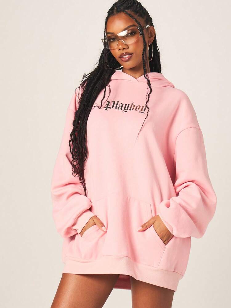 Missguided x Playboy Pink Bunny Hoodie Dress With Front Chest Text And Back Logo Print Long Sleeve Oversized Mini Dress
