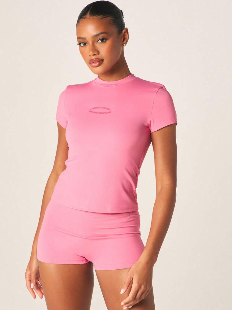 MISSGUIDED Pink Short Sleeve Crew Neck Fitted T-Shirt With Embroidered Logo Detail Casual Spring Summer Activewear Top