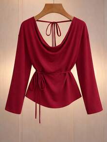 SHEIN Franclia Women's Elegant Sexy Backless Draped Neck Blouse, Vintage Aesthetic Fashion, Versatile For Work, Dates, Events, Comfortable Fabric, Flattering - Red - View 3