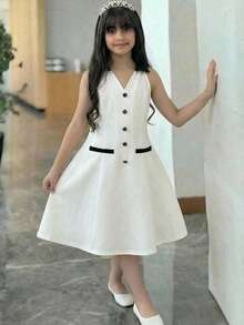 SHEIN Tween Girls' V-Neck Button Front Dress, Collegiate Style, Fashionable & Minimalist, Suitable For Daily Wear And Back To School Season Girls Casual Dress White Dress With Black Accents Girls Sleeveless Aline Casual Dress - Black and White - View 7