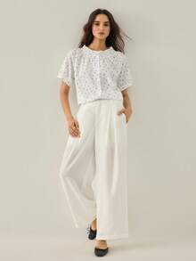 Gaivellea Áo sơ mi nữ mùa hè kiểu Pháp dáng rộng, chất liệu vải dệt họa tiết, cổ tròn, tay ngắn, in họa tiết, kiểu mở phía trước. - trắng - Xem 1