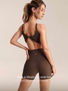 GLOWMODE FeatherFit™ Better Together Twisted Backless Removable Cups Adjustable Straps Square Neckline Tank & 4.3" Buttery-Soft Sweat-Wicking Crossover Waist Biker Shorts Low Impact Yoga Cycling Running Gym Daily Active Wear - Brown - View 2