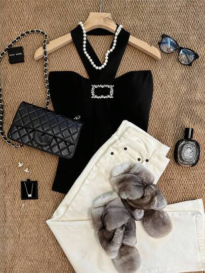 GlowEve Women's Spaghetti Strap/Bandeau Dual-Wear Design With Rhinestone Decor, Charming & Elegant For Daily, Vacation, Commute, Date, French Street Style Vintage Versatile Spring/Summer Black Knit Camisole Top