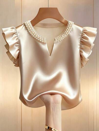 GlowEve Women's Solid Satin Pearl Collar Charming Elegant Casual Vacation Commute Fashion Date French Street Retro Versatile Spring/Summer Champagne New Blouse/Shirt