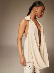 Denimoi Low Neck Backless Collared Halter Top Drape Neck Sexy Tops Vacation Outfits Ibiza Euro Summer - Apricot - View 1