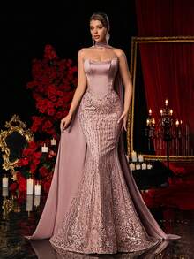 Glamrae Đầm dạ hội cúp ngực gợi cảm, sang trọng, thêu ren, phối ren tinh tế, chất liệu satin co giãn, thích hợp cho đám cưới, tiệc tùng, kỳ nghỉ, dạ hội (phiên bản cao cấp). - Bụi hồng - Xem 6