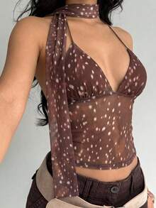 Aloruh 女士波点印花深V领性感时尚吊带背心 - 鏽棕色 - 查看 1