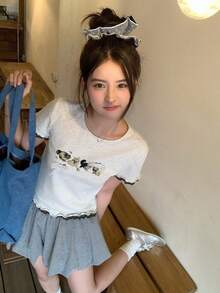 DAZY 女士圆领卡通印花蝴蝶结荷叶边短袖T恤，夏季 - 灰色 - 查看 3