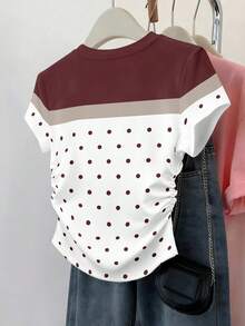 Resyla 女士束腰多色条纹拼接短袖波点印花T恤 - 彩色 - 查看 2