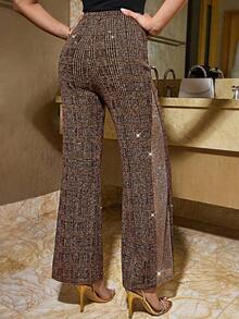 SHEIN Clasi 女士时尚派对格子拼接阔腿裤 - 金色 - 查看 2