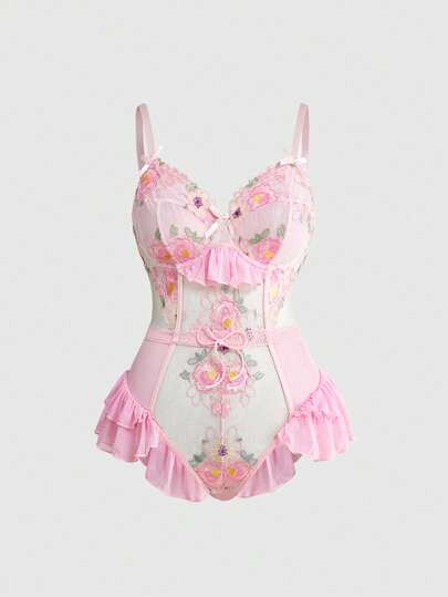 ROMWE Fairycore Fairy Embroidered Floral Underwire Handmade Sexy Bodysuit