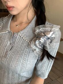 DAZY Women's Pearl Splice Short Sleeve Grey Knit Top - Grey - View 4