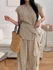 DAZY Women's Casual Vacation & Commute Bat Wing Pleated Waist Top And Wide Leg Pants 2 Pieces Set, Spring/Summer/Autumn - Khaki - View 5