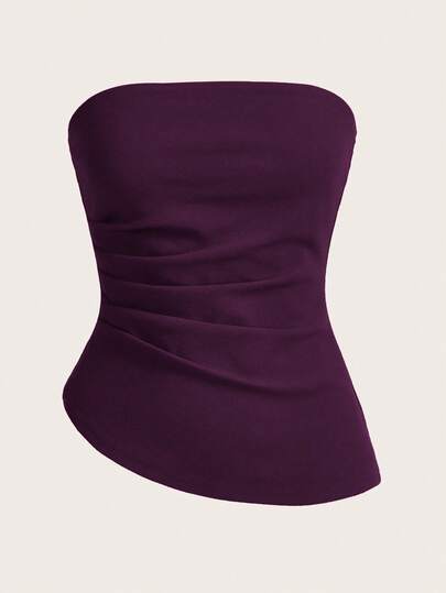 SHEIN Essnce Regata Tubinho Assimétrica Plissada de Cor Sólida Simples para Mulheres, Verão