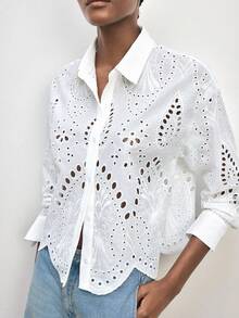 Maija White Summer Elegant Romantic Brunch Vacation Eyelet Embroidery Blue Floral Geometric Pattern Women Shirt Top Beach Vacation Outfits Casual Blouses - White - View 10