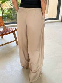 Mélanie ORL 超宽腿褶裥西装套装，仅含长裤，适合约会、外出、夜生活、工作、办公室、派对、优雅场合，以及情人节等春季穿着。 - 卡其色 - 查看 5