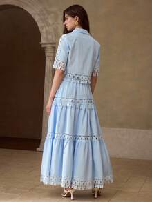 MOTF PREMIUM SPRING/SUMMER WOMEN'S SHORT SLEEVE SHIRT WITH HOLLOW PATCHWORK, BUTTERFLY RUFFLE TRIM, RUFFLE HEM A-LINE SKIRT 2 PIECES SET VACATION ELEGANT - Blue - View 4