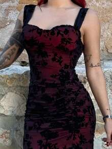 Bearsaez Women's Elegant Floral Flocked Mesh Slit Dress,Black Homecoming Dress,Witch Dress,Vampire Dress,Elegant Women Dresses,Day Of The Dead Outfit,Goth - Red and Black - View 3