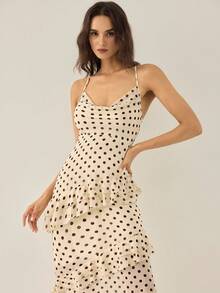 Gaivellea Women's Elegant Romantic Delicate Outdoor/Date Dress, Spaghetti Strap, Apricot Base With Black Polka Dots, Draped Neckline, Ruffle Hem, Mermaid Silhouette, Spring/Summer - Apricot - View 1