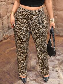 Jeanoix Pantaloni de damă din denim Y2K, mărime plus, cu imprimeu leopard, elastici, slim fit, cu picior drept - Kaki - Vizualizare 3