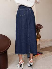 Bris Aura 女式牛仔中长直筒裙、秋季女式裙子、女式街头服饰、女式牛仔裙、不对称裙子、秋季女装、冬季裙子、商务休闲女装、冬季女装 - 深色水洗藍 - 查看 2
