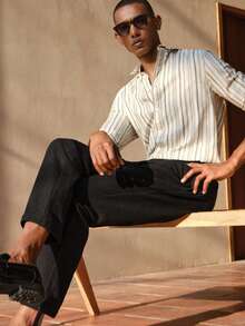 AKNOTIC 男士纯色腰部纽扣设计直筒西装裤 - 黑色 - 查看 6