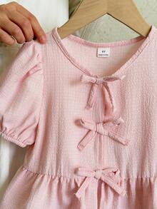 SHEIN LMoss Kids 少女休闲纯色圆领短袖套头衫 - 淺粉色 - 查看 3