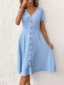 SHEIN Clasi Đầm nữ màu trơn cổ chữ V tay ngắn cài cúc, kiểu dáng thường ngày, dài đến đầu gối. - Màu xanh lam - Xem 7