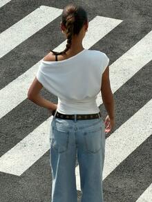 Muchica White Knit Letter Print Asymmetric Collar Short Sleeve Top - White - View 2