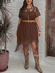SHEIN LUNE Gaun Renda Rumbai Kasual Ukuran Besar - Coffee Brown - View 7