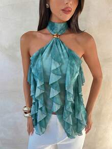 Aloruh Women's Elegant Multi-Layer Ruffle Trim Stand Collar Fitted Tank Top - Blue - View 6