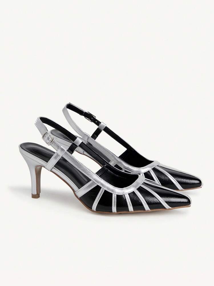 CUCCOO CHICEST Black & Silver Color Block Pointed Toe Slingback High Heel Pumps For Women Wedding Shoes Summer Shoes Bride Shoes