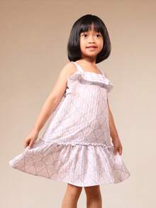 SUMWON 女童荷叶边贝壳图案无袖A字连衣裙，迷你长度，春夏休闲，层叠荷叶边下摆，吊带连衣裙 - 淡紫色 - 查看 3
