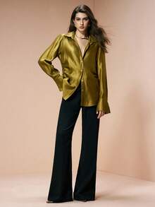 Arave Women's Shirt, Satin Textured Fabric, Fitted Design, Lapel Collar, Shell Buttons, Slightly Flared Long Cuffs, Metallic Sheen. Elegant For Dates, Everyday Commutes. Luxury Women's Blouses. - Mustard Yellow - View 2