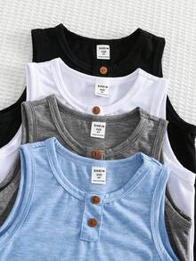 SHEIN Bộ 4 áo thun ba lỗ cổ tròn không tay cơ bản thoải mái, thoáng khí, mát mẻ và thấm hút mồ hôi dành cho bé trai, phù hợp mặc hàng ngày, mùa xuân/hè, dạo phố, thể thao, đi chơi, đi học, tụ họp, kỳ nghỉ, chụp ảnh, mùa tựu trường. - Màu xanh lam - Xem 4