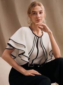 Anewsta 春季精致宝塔设计荷叶边下摆层叠喇叭袖女式衬衫 - 白色 - 查看 7