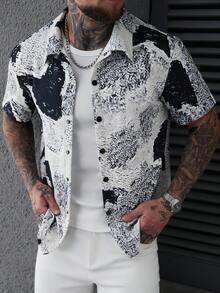 SLATEMANN 男士全印花纽扣短袖休闲衬衫，男士复古风，适合日常休闲、周末旅行、户外活动、探险旅行、轻松的工作环境或半正式场合，可作为男友/丈夫礼物、周年纪念/生日礼物、派对、夏季假期、婚礼、春夏、复活节等场合穿着。男士独特抽象印花短袖纽扣衬衫，时尚上衣，男士短袖纽扣衬衫，抽象男士夏季衬衫，男士短袖纽扣大胆印花衬衫，街头风男士衬衫，男士涂鸦艺术衬衫。 - 彩色 - 查看 5